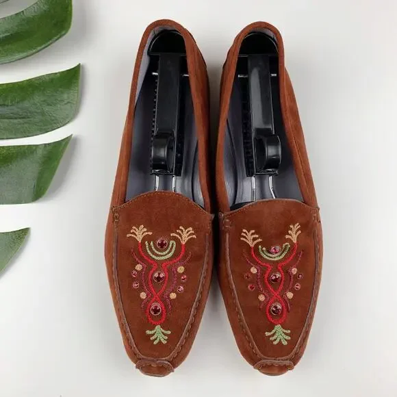 Bruno Magli Sport Flats Brown Suede Jeweled Embroidered Women's 9 - Picture 1 of 10